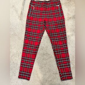 Red plaid high rise leggings from Zara.